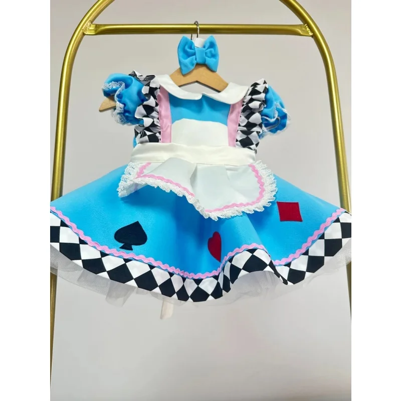 Summer Baby Girl Alice Cosplay Costume Blue Poker Pattern Lolita Dress With Hair Bow for Birthday Party Photography B646