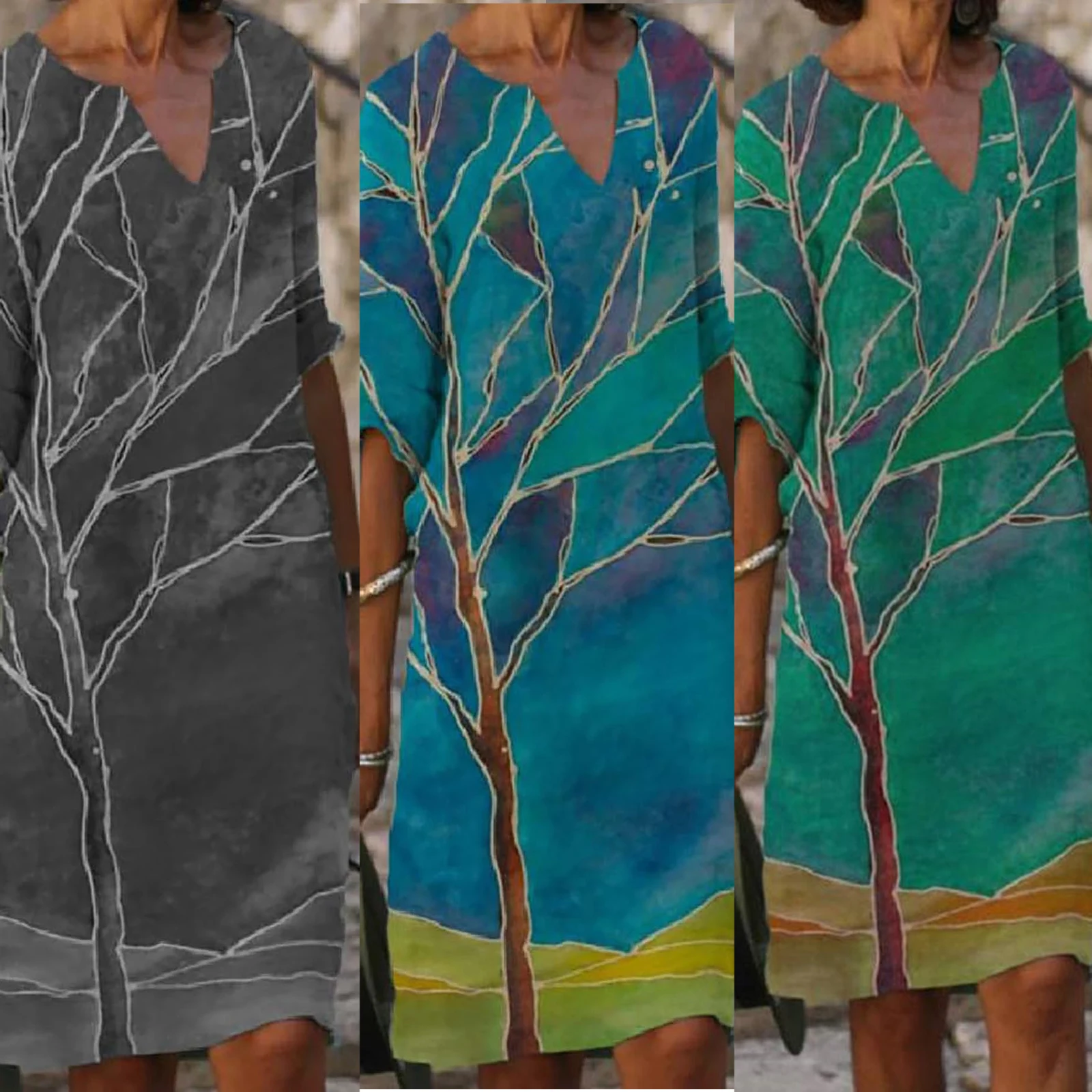 Sommer 2026 Damenkleid mit V-Ausschnitt, halblangem Ärmel, A-Linie, europäisch-amerikanischem Stil, Pullover, modisches Mid-Waist-Kleid mit Blättermuster – Detail 2