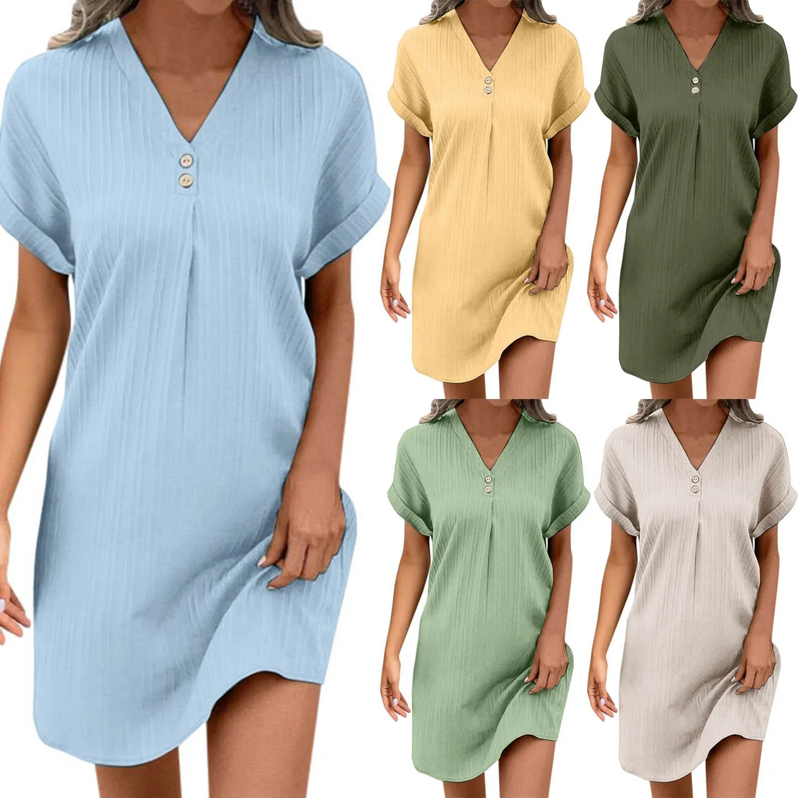 

Short Sleeve Loose Simplicity Ladies Dress ﻿V Neck Solid Colour Dresses For Women Pullover Comfortable Casual Button Down Dress