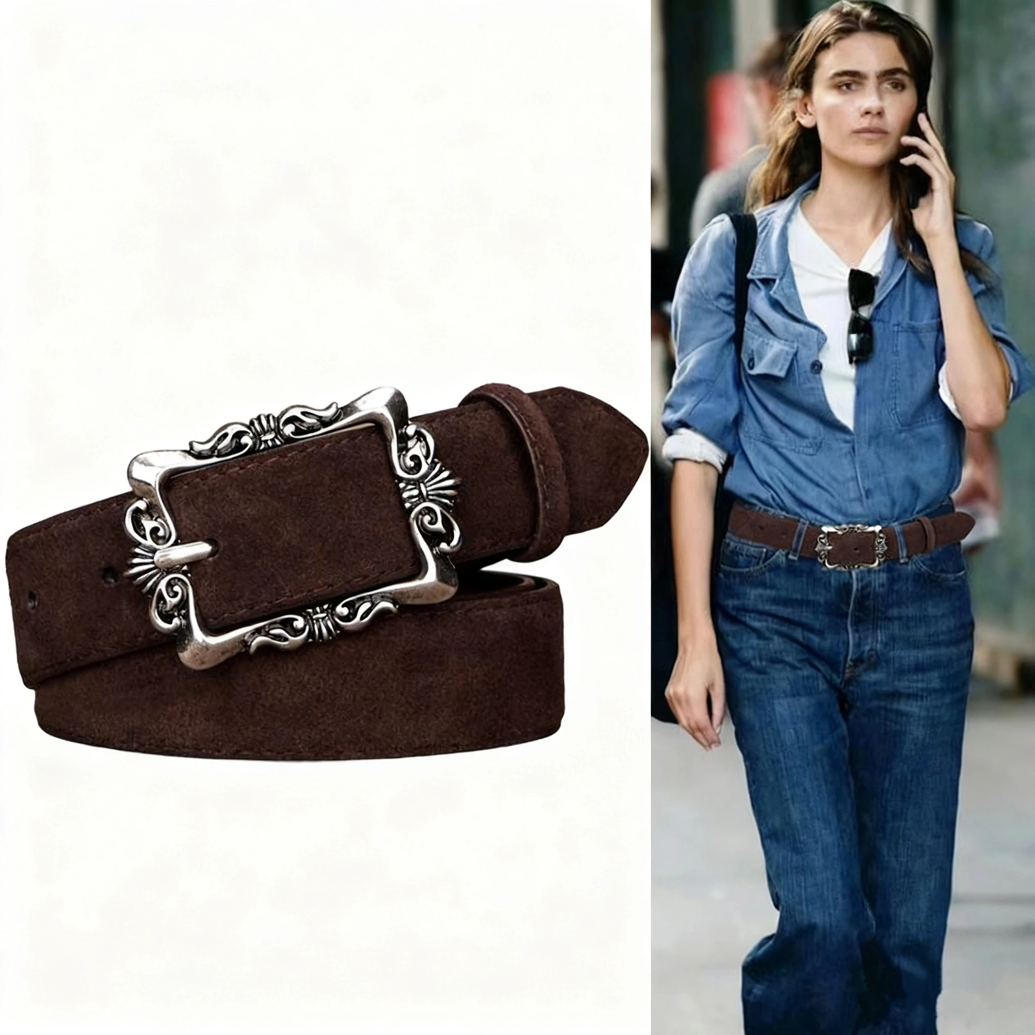 여성용 럭셔리 빈티지 스웨이드 벨트 - 바지, 드레스 및 탑용 실버 버클이 있는 꽃무늬 가죽 벨트