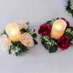Simulated Rose Candle Holder Wreath Ring, Used For Restaurant, Living Room, Party, Wedding Decoration