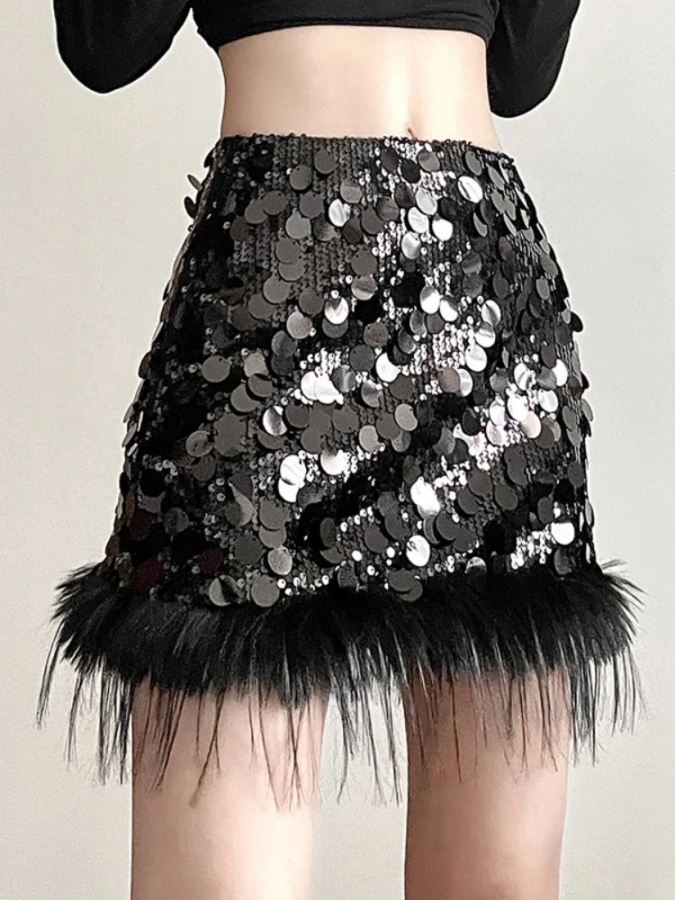 Sequined A-Line Mini Skirt For Women Clothing High Waist Faldones Para Mujer Y2k Slim Sexy Streetwear Feather Fashion Outfits