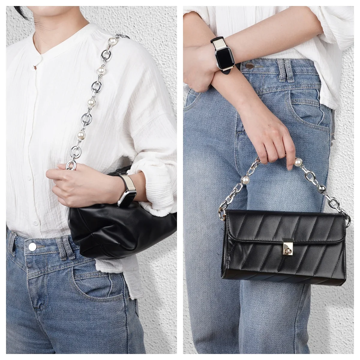 Bag Strap Pearl Chain Women Crossbody Shoulder Bag Strap Chain With Pearl Metal Chain Strap Female Replacement Handle Belt Part