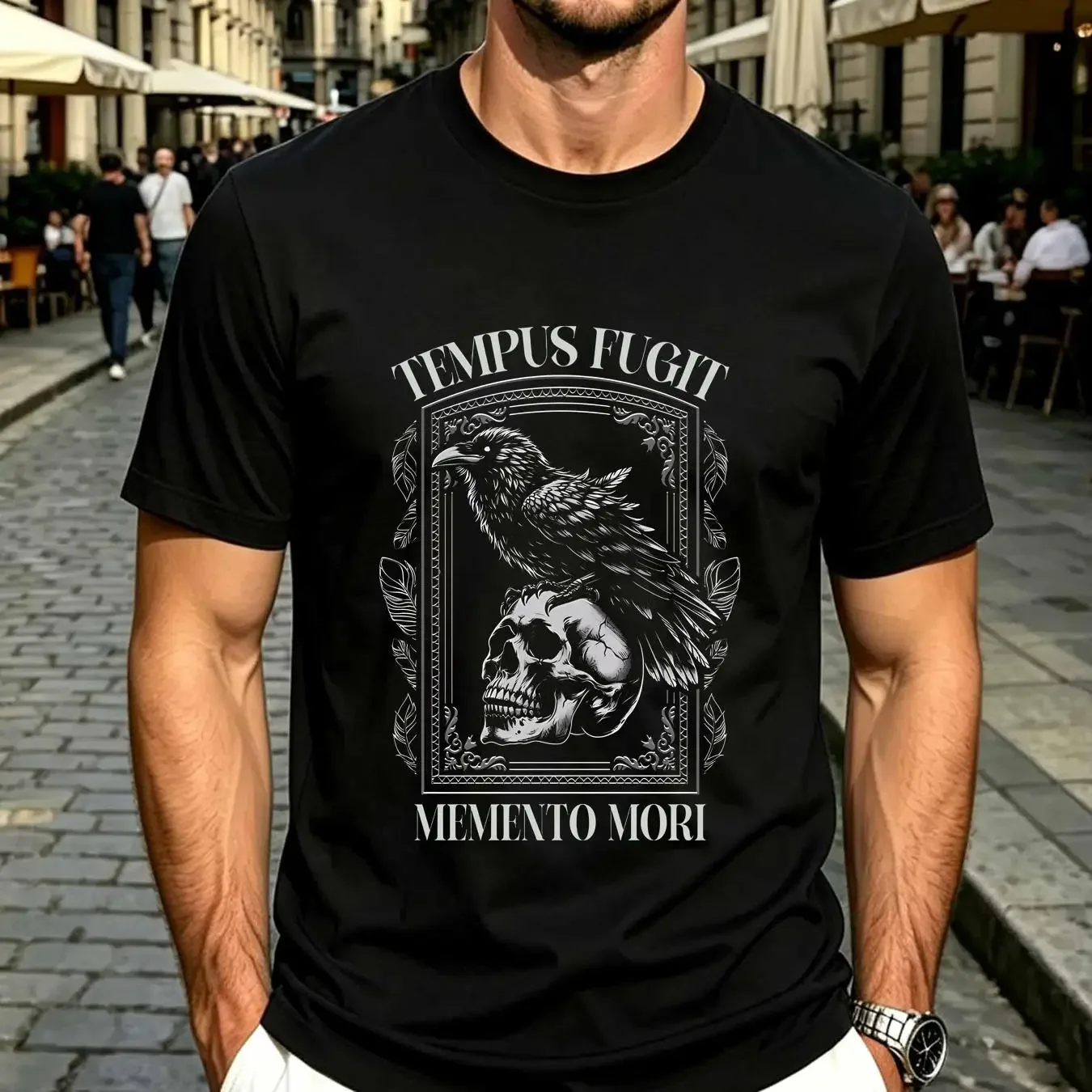 washed T Shirt NEW LIMITED Tempus Fugit Memento Mori Skull Crow Bird vintage Washed Stretched homme graphic streetwear Casual