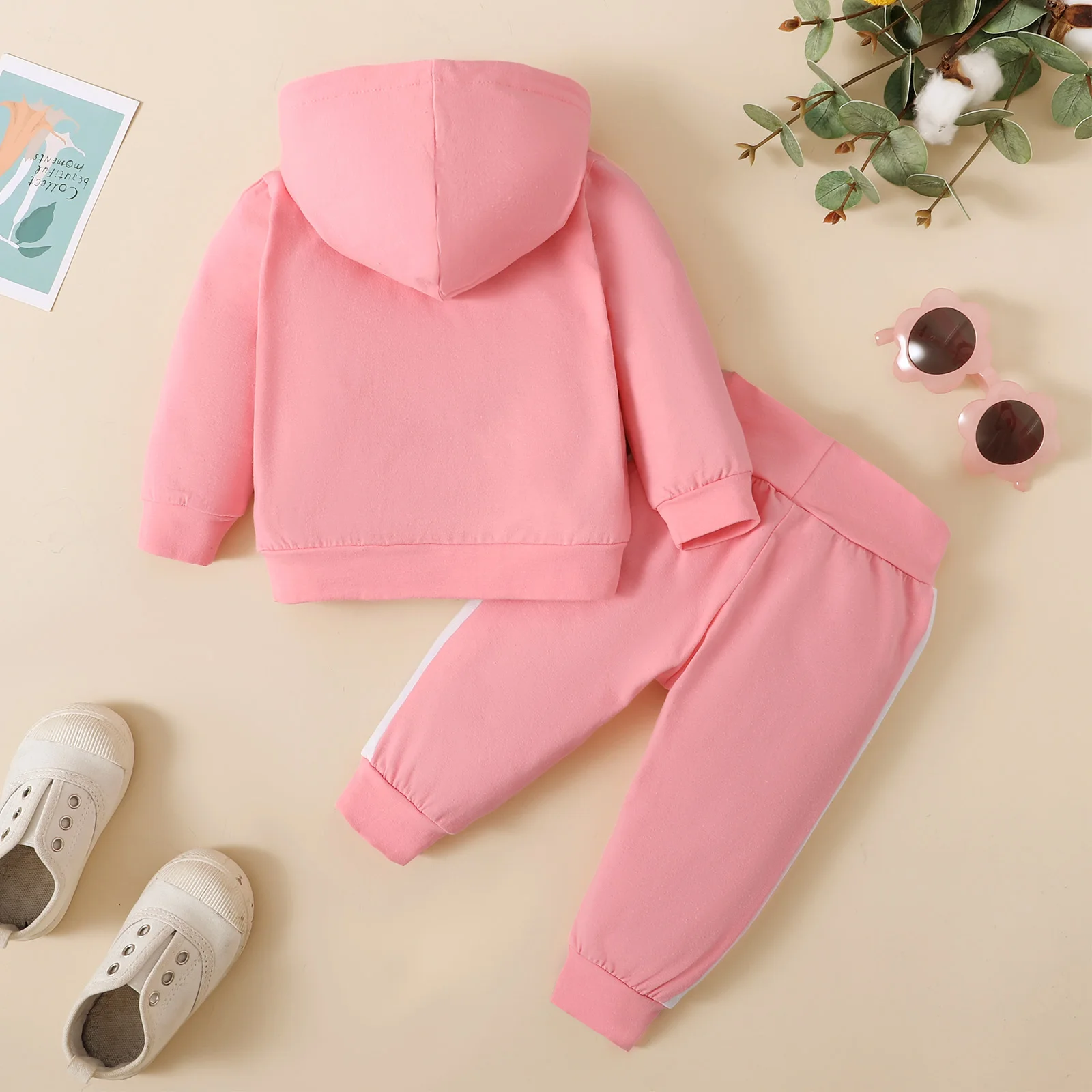 0-2 Year Old Newborn Baby Girls Spring and Autumn Hooded Letter Printed Long Sleeve Pants Fashion Set