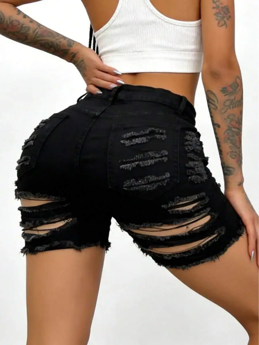 

High Stretch Distressed Denim Shorts With Frayed Hollow Out And Diagonal Pockets