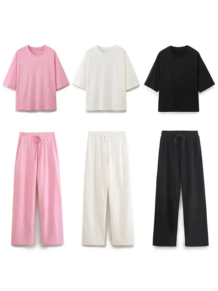Conjunto de pantalones informales de 2 piezas para mujer, camiseta lisa de manga corta con cuello redondo + pantalón largo deportivo con cintura elástica y cordón