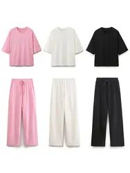 Woman New 2 Piece Casual Trouser Set Solid Short Sleeves O Neck T-shirt + Drawstring Elastic Waist Sport Female Long Pant