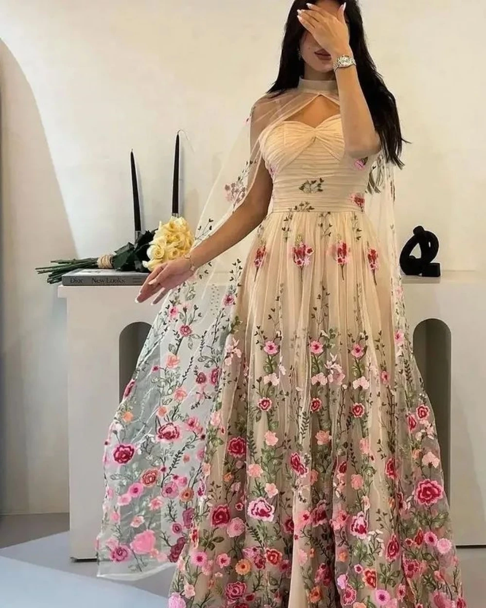 Customized Prom Dresses Matching High Collar A-line Evening  Embroidery Flower Organza Formal Occasion Gown فستان سهرة نسائي 202