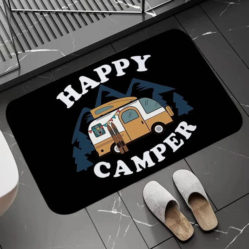 Happy Camper RV Door Mat Retro Camper Van Mountain Print Non-Slip Entryway Rug Camping Themed Floor Mat for Front Door