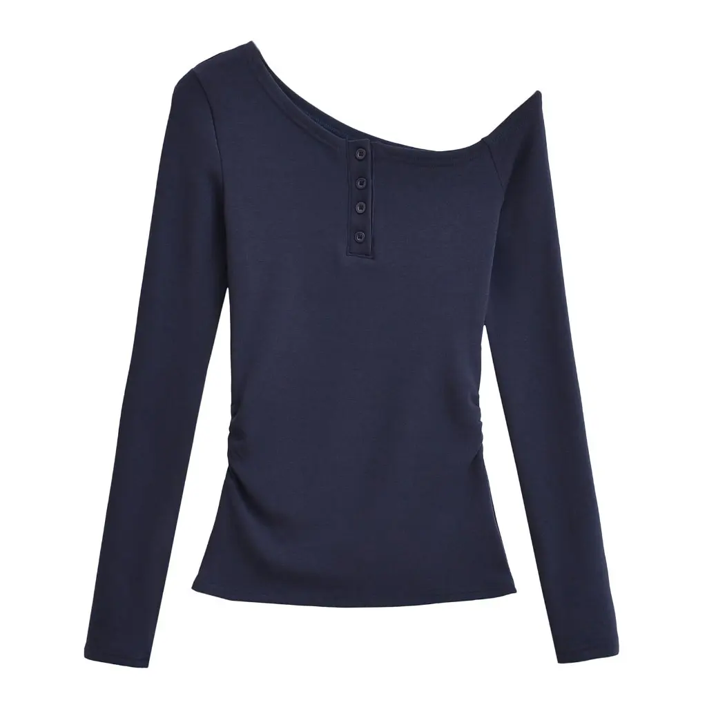 

Women's Slim Stretch Fleece-Lined Long Sleeve T-Shirt Sexy Slant Shoulder Design Pure Color Autumn Winter New Top