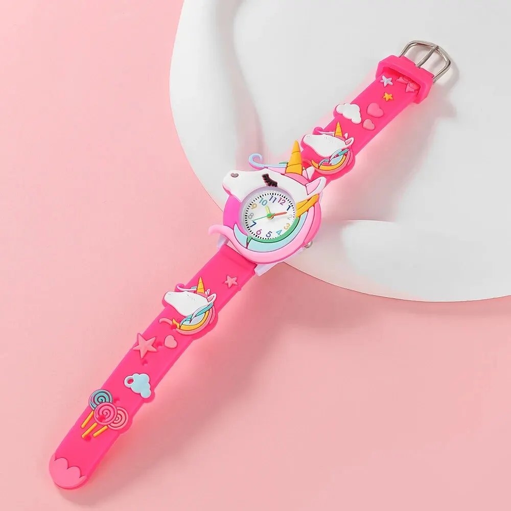 3pcs Girls Unicorn Patter Watch Silica Gel Quartz Wristwatch Jewelry Set Children Colorful Bow Necklace Bracelet Set