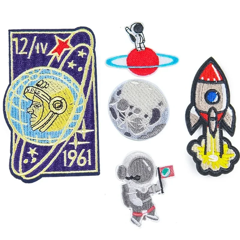 

Cartoon Series Satellite Moon Rocket Ship Embroidered Patches for Clothing DIY Stripes Applique Clothes Stickers Iron