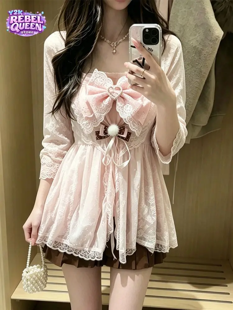 Conjunto de tres piezas de estilo «Sweet Lolita» japonés para mujer: bolero de encaje, top con mangas abullonadas y lazo, falda con volantes, ropa de estilo «Kawaii» y «Harajuku».