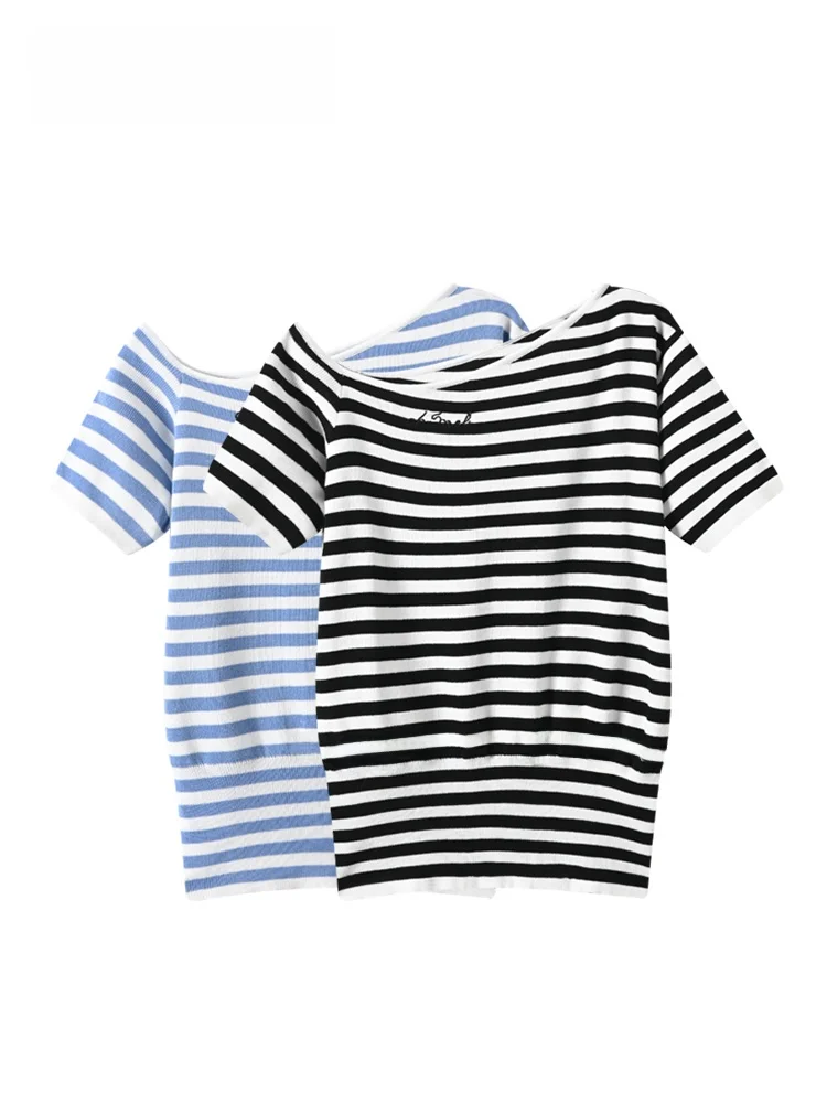 

plus Size Women's Short Sleeve T-Shirt Casual Striped Loose Fit Fashionable Summer Top for Plump Sisters Comfortable Knitted ...