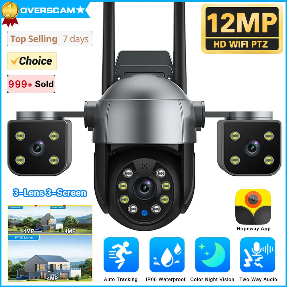 

12MP 6K Panoramic View Wifi Camera 3 lens 3 PTZ Outdoor Security Cam 360° No dead corners Auto Tracking CCTV Video Surveillance