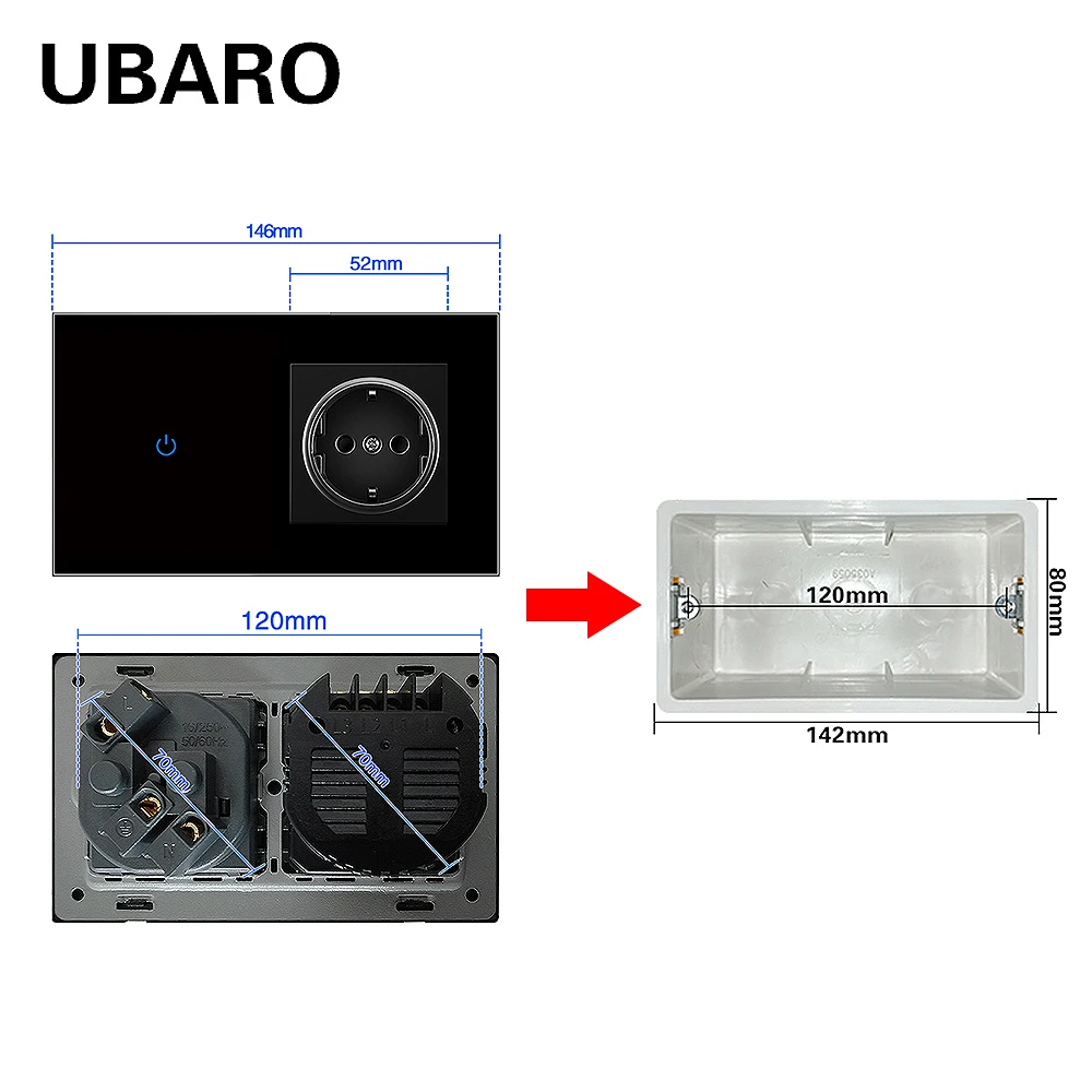 UBARO-interruptor de luz táctil estándar de la UE, botón de Sensor con toma de corriente eléctrica, enchufes con marco de cristal templado