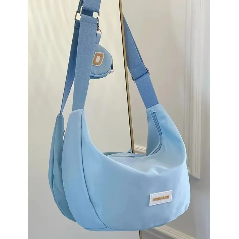 Summer New Women\'s Bag Large Capacity Casual Nylon Crossbody Bag Dumpling Bag High Grade Blue Solid Color Shoulder Bag 2023