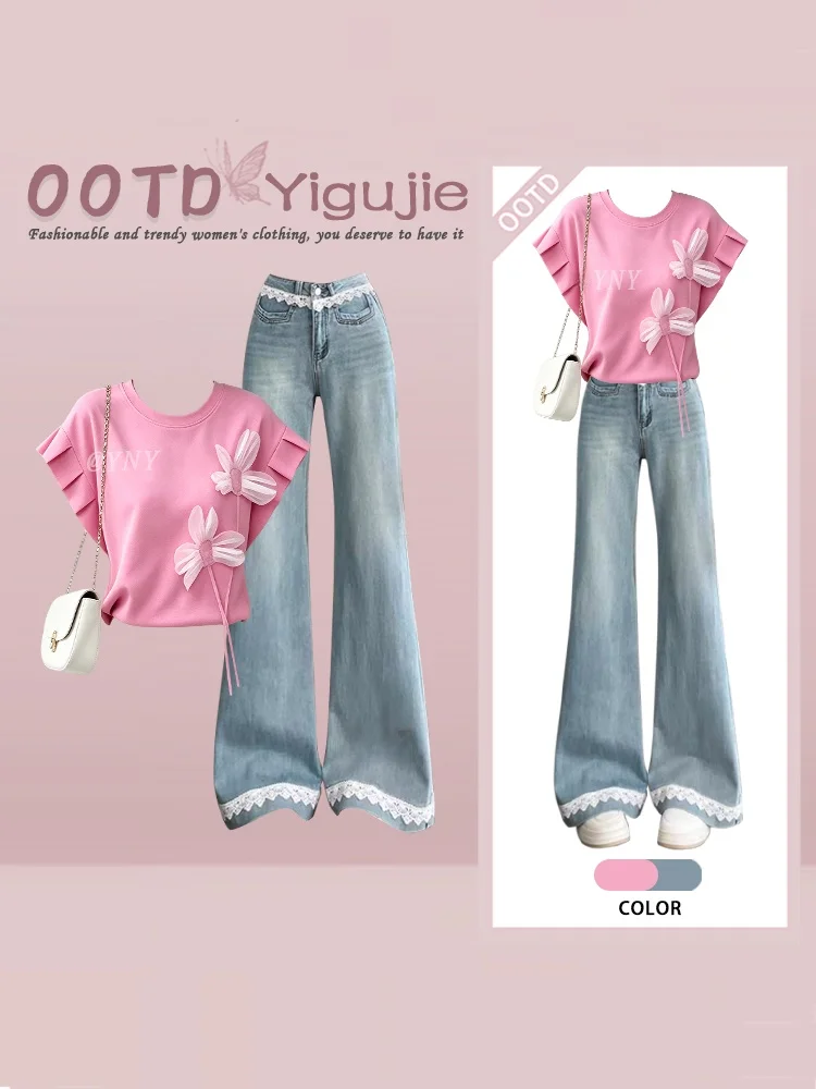 Summer Floral Print Short Sleeve T-Shirt And Lace Jeans Flared Pants Two-Piece Set Women's Fashion Casual Wear Student Style