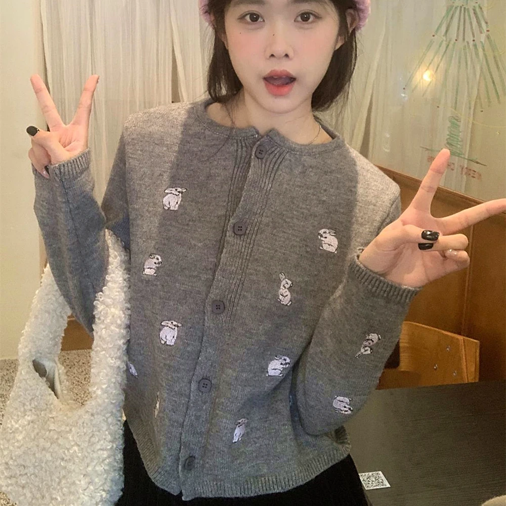 Chic Funny Rabbit Embroidery Knitted Cardigan Gray Sweater Coats for Girls Sweet Women Winter Autumn Outerwear Knitwear Japanese