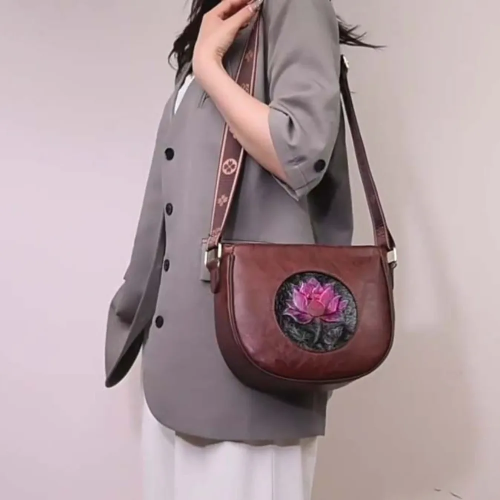 

Elegant Middle Aged Mom Bag Casual Soft Leather Lotus Embossed Shoulder Bag Printed Wide Strap Solid Color