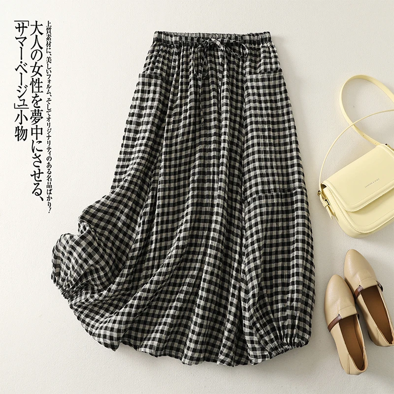 Korean Style Vintage Plaid Cotton Linen Skirts Women Summer New Lace-Up High Waist Casual Loose A-Line Bud Skirt