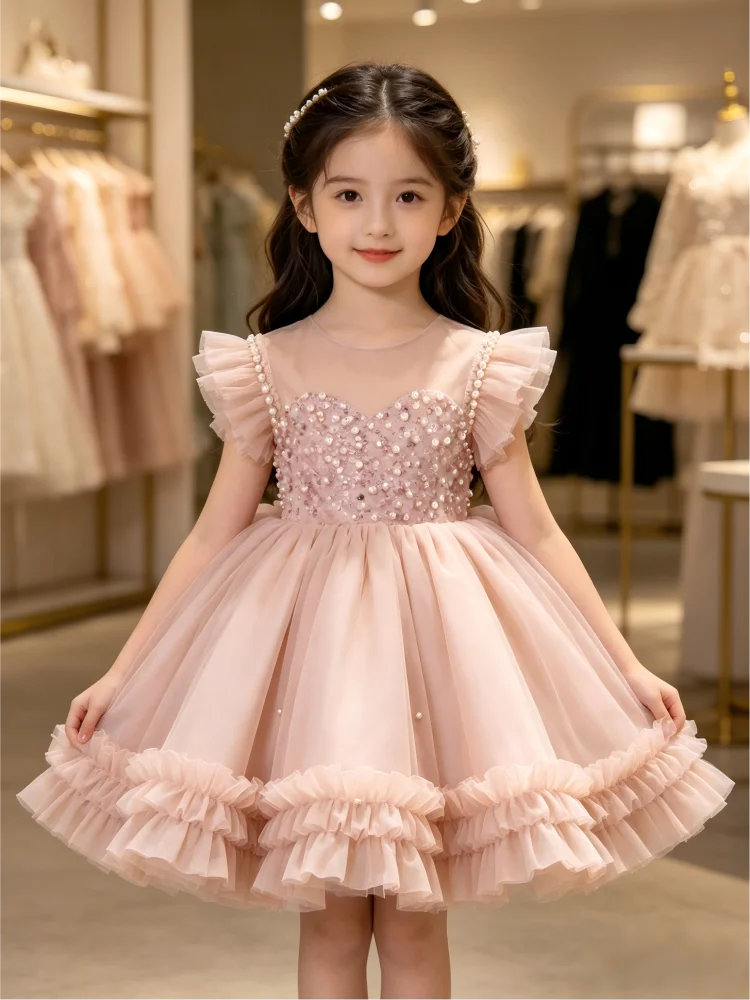 

New Kids Fashion Princess Gown Clothes Children Girls Birthday Piano Performance Pearl Flower Girl Wedding Tutu Formal Dress