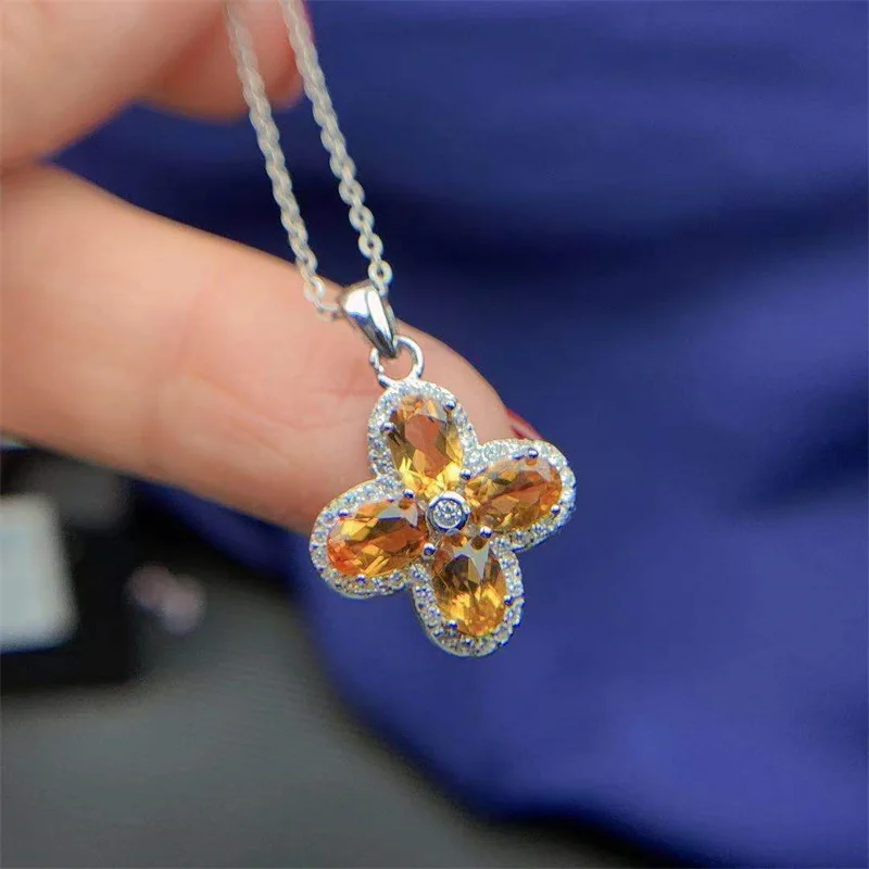 Four Leaf Clover Pendant Necklace 925 Sterling Silver 6x4mm Citrine Gemstone with Certificate