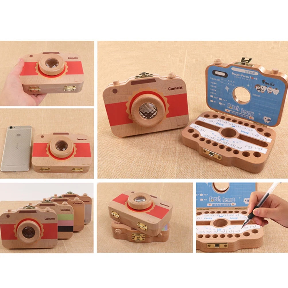 

1Pcs Camera Baby Tooth Box Wooden Teeth Save Box Creative Design Exquisite Teeth Hole Lanugo Slot Information Sticker for Notes