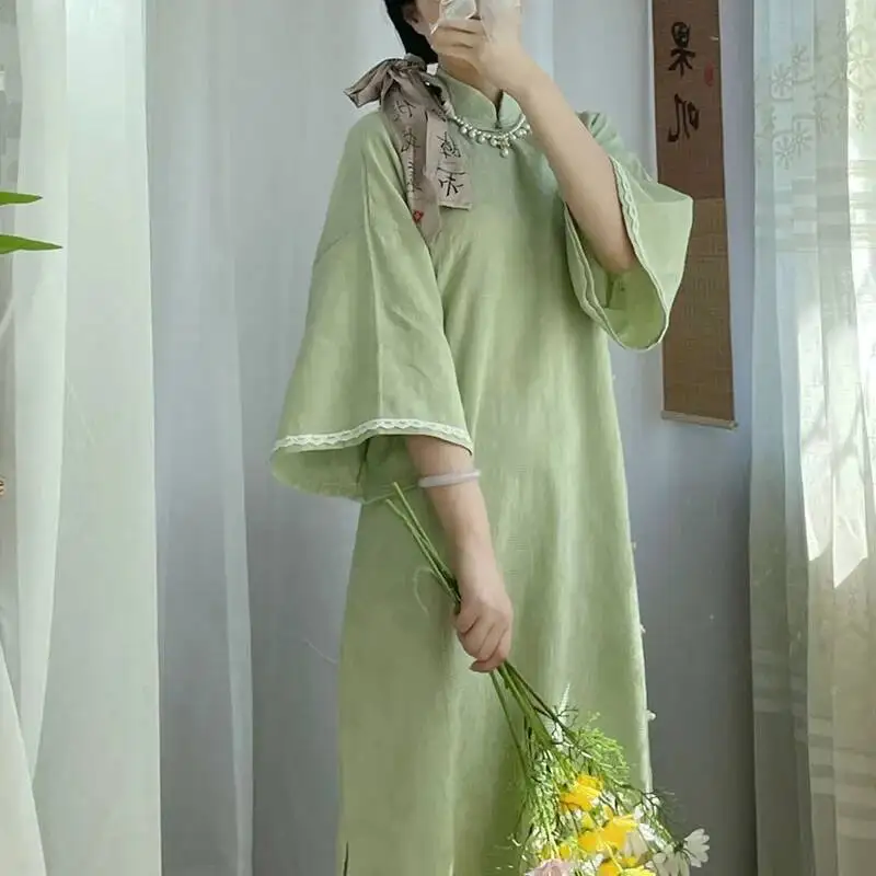 

Chinese Cheongsam Pure Cotton Jacquard weave Traditional Chinese Clothes Handmade Vintage Costume Qipao Loose For Daily Wear