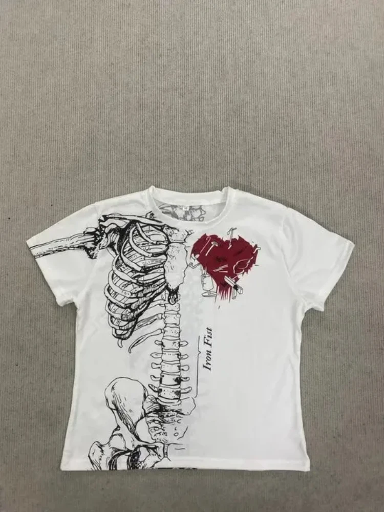 T-shirt High Street gotica retrò T-shirt da donna estiva classica versatile alla moda Estetica Harajuku Top stampato con teschio scuro