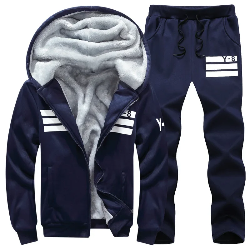 Winter New Men's Fleece Thickened Warm Sports Suit Fashionable Hooded Full Zipper Solid Color Trendy Casual Men's Suit