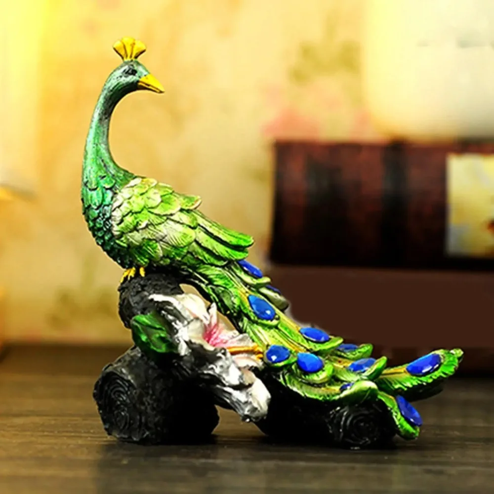 Hand Painted Peacock Figurine Beautiful Vintage Peacock Stand on Stump Statue Exquisite Resin Animal Figurines