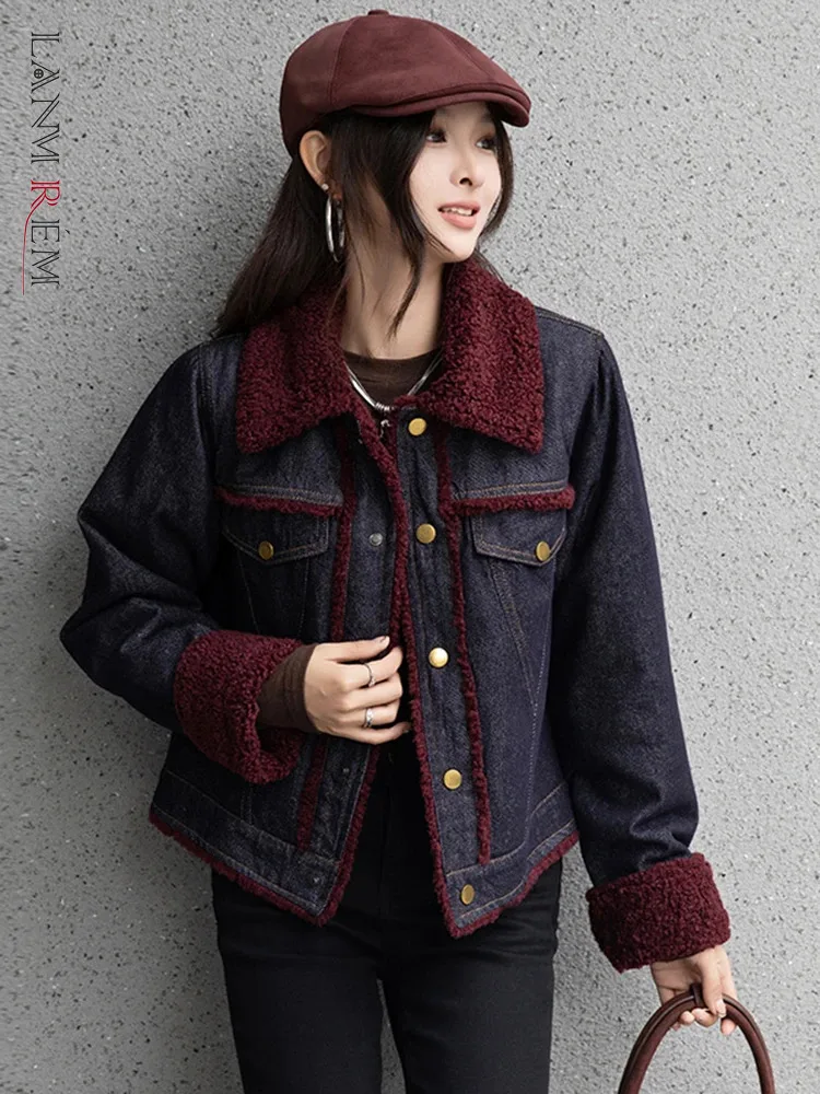 LANMREM Korean Style Women's Lamb Wool Coat Streetwear Turn-down Collar Color Block Female Denim Coats 2024 New Fashion 2DC1143