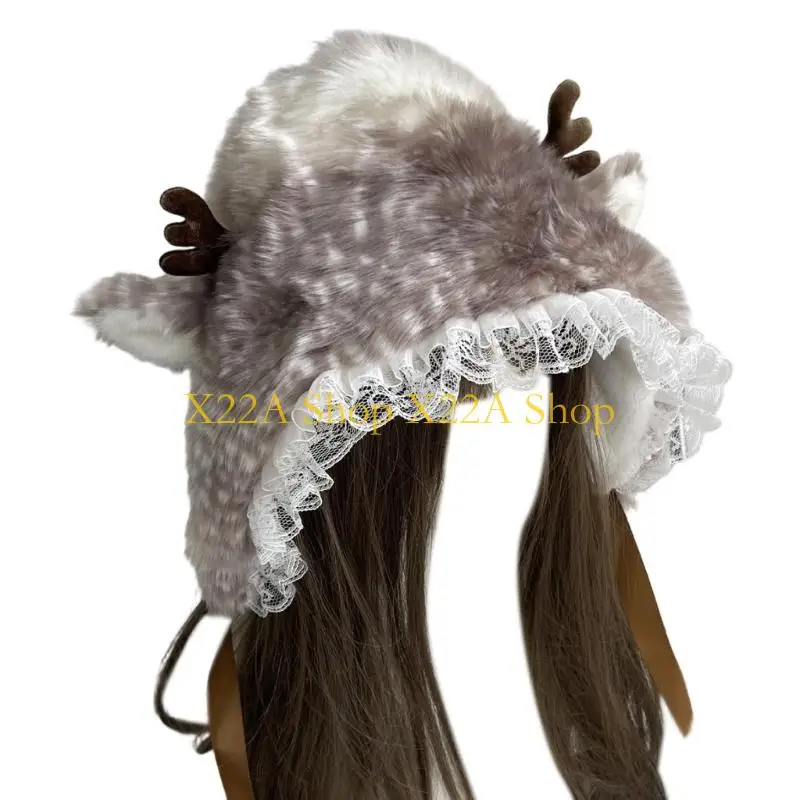 Unique Cartoon Head Wrap Furry Deer Soft Thicken Trapper Hat for Women Outdoor Wear Lace Brim Holiday Party Photo Props