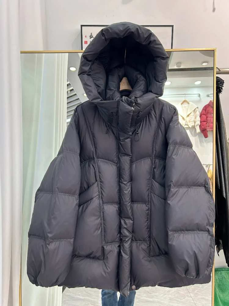 90% ホワイトダックダウンコート女性フード付きミディアム丈ルーズジッパーパーカー 2026 新しい冬厚く暖かいパフジャケット女性