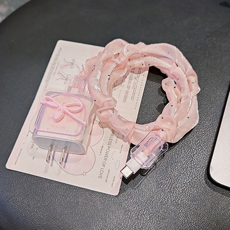For IPhone 17 Charger Protector Case Cover 18W 20W Pink Cute Bow Anti Break Scratch Proof Charger Cable Protective Rope Winder
