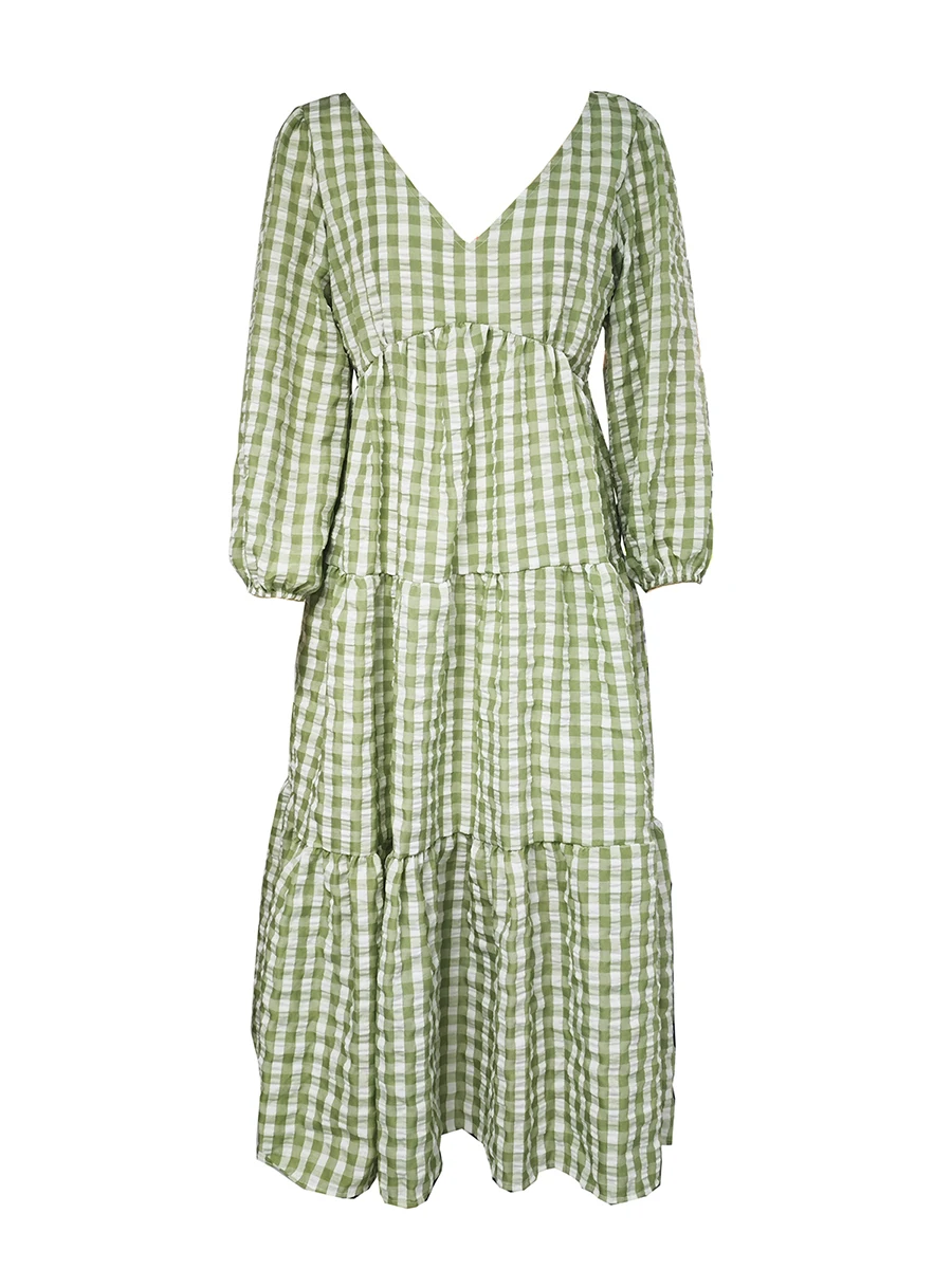 Maternity Plaid Dress with Long Sleeves and V Neckline for Fall Casual Wear Perfect for Baby Showers and Everyday Comfort