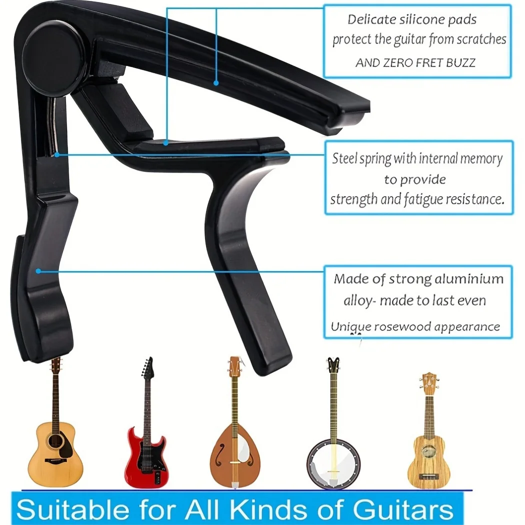 Black Alloy Quick Change Guitar Capo with 6 Picks - Precision Control for Acoustic & Electric Guitars ZSY view 3
