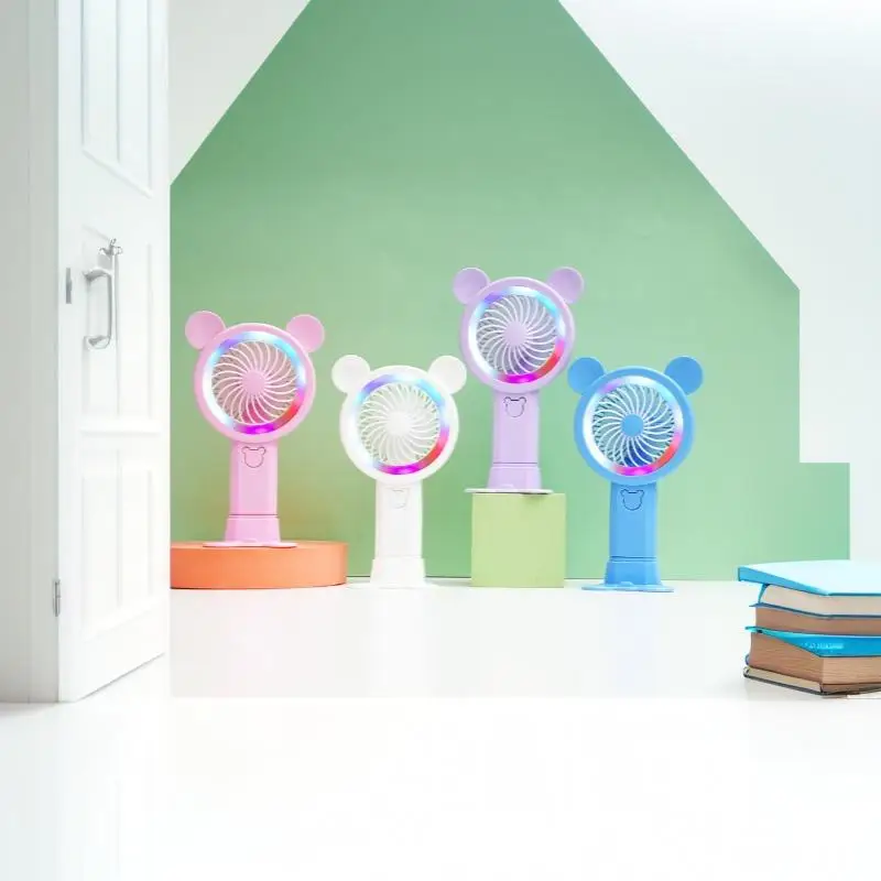 2026 New Gradient Light Handheld Mini Fan Portable Lovely Pink Cartoon Windy Fan Cute Round Ears Desktop Small Electric Fan