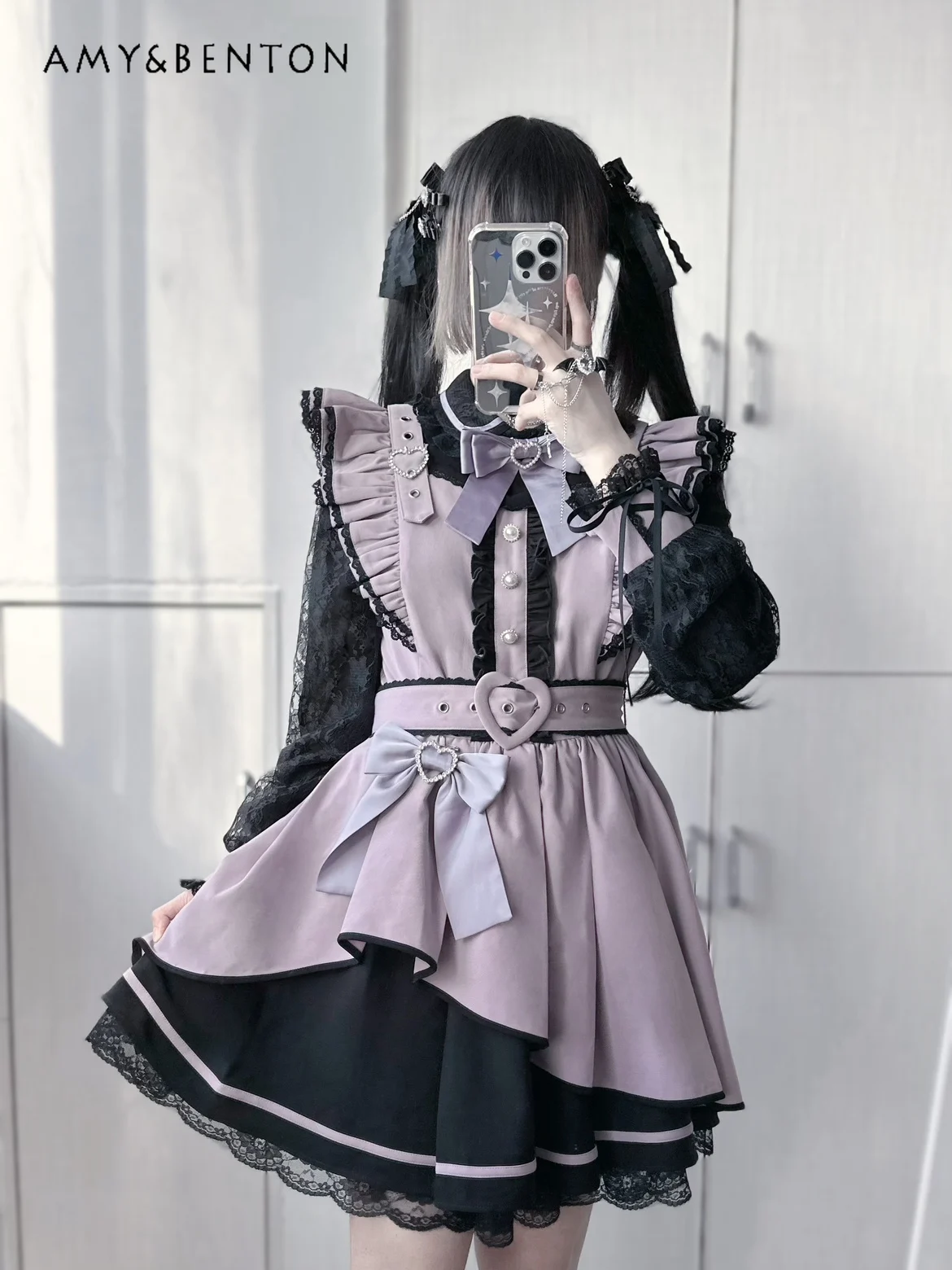 Original Mine Song-Promotion Costume Dress Japanese Mass-Produced Sweet Bow Long Sleeve Lace Up Slim Mini Dress Lolita Dresses