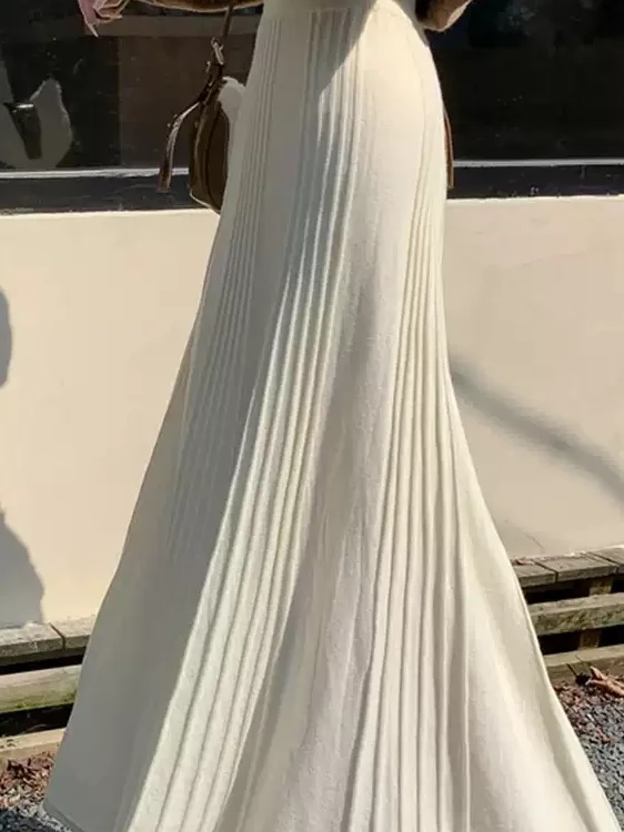 Autumn Winter Pleated Women Skirt Korean Fashion Stretch Classic Slim Solid  A-line Skirt Straight Long Skirts Causal Style D942