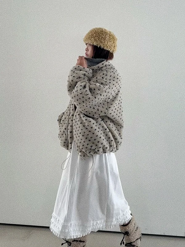 Jaket Wanita Korea Sle Thiened Cotton Desain Longgar Hangat dengan Kerah Bulu Domba Pola Hati untuk Musim Dingin.