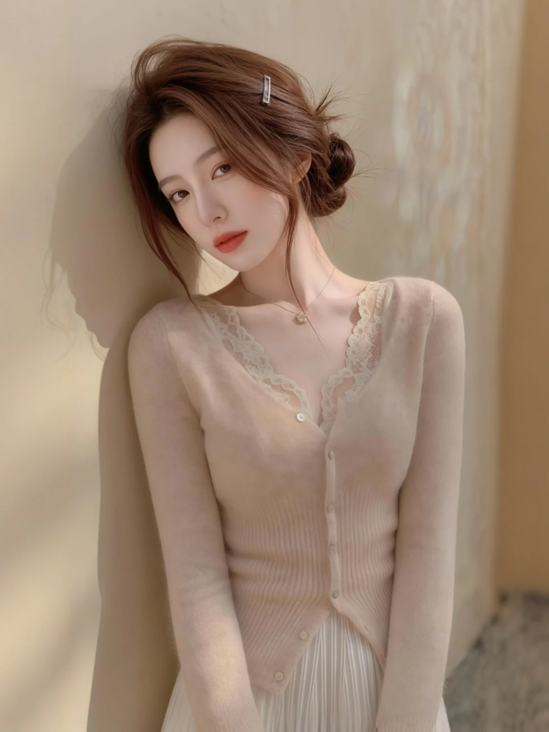 

Slimming Lace V-Ne Knitwear French Sle Medium Softn Long Sve Button Detail Fake Two-Piece Winter Faion for Women
