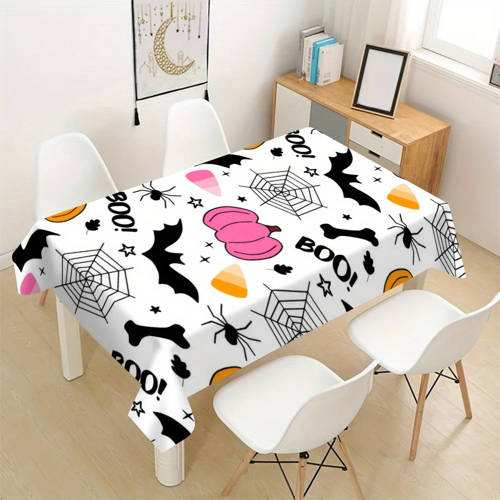Pink Pumpkin Halloween Tablecloth, White Base With Bat Spider Web Print, Rectangular Table Cover for Halloween Party Decor