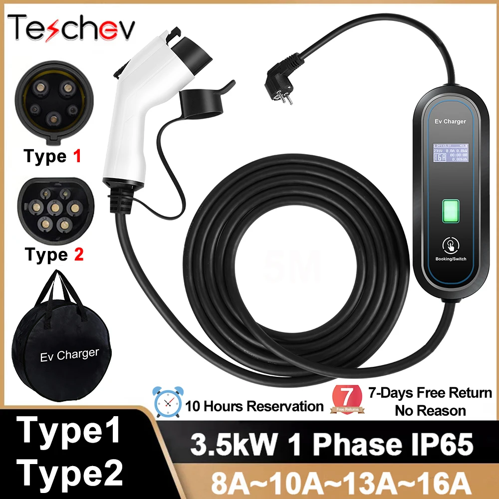 Teschev 220V Portable EV Charger Type1 16A Charging Cable Wallbox EVSE Type2 Charging Stations for Electric Vehicle