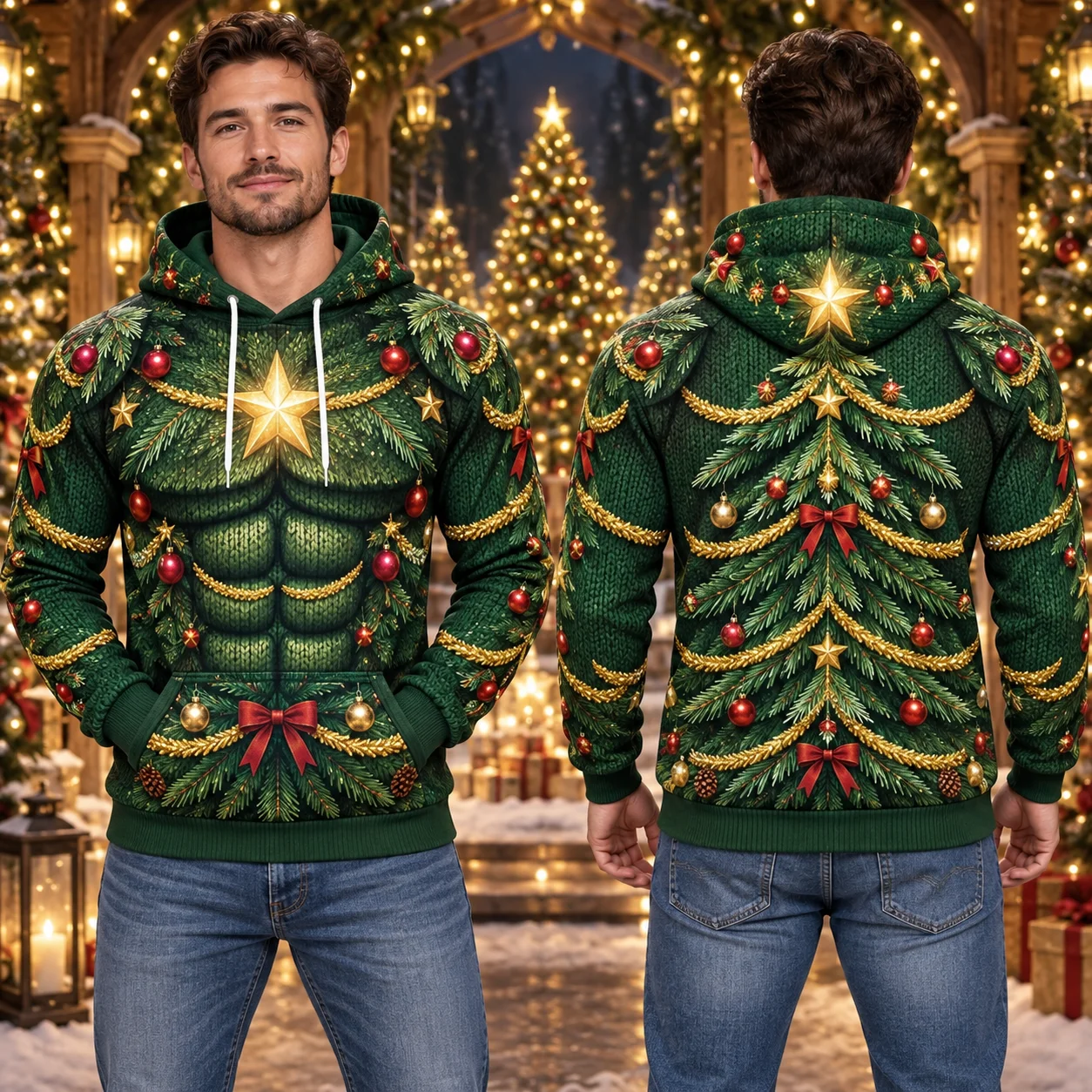 Funny Christmas Muscle Hoodie Men 3D All Over Print Hot Cocoa Lumberjack Wreath Winter Costume Pullover Family Party Fun Gift