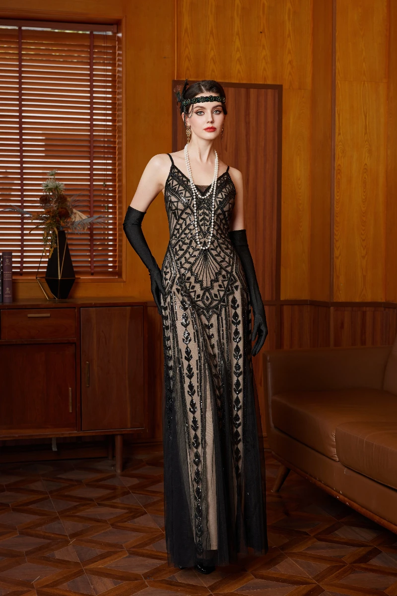 فستان ماكسي بحزام سباغيتي مزين بالترتر من غاتسبي - فستان رسمي مطرز باللون الأسود للحفلات المسائية #4