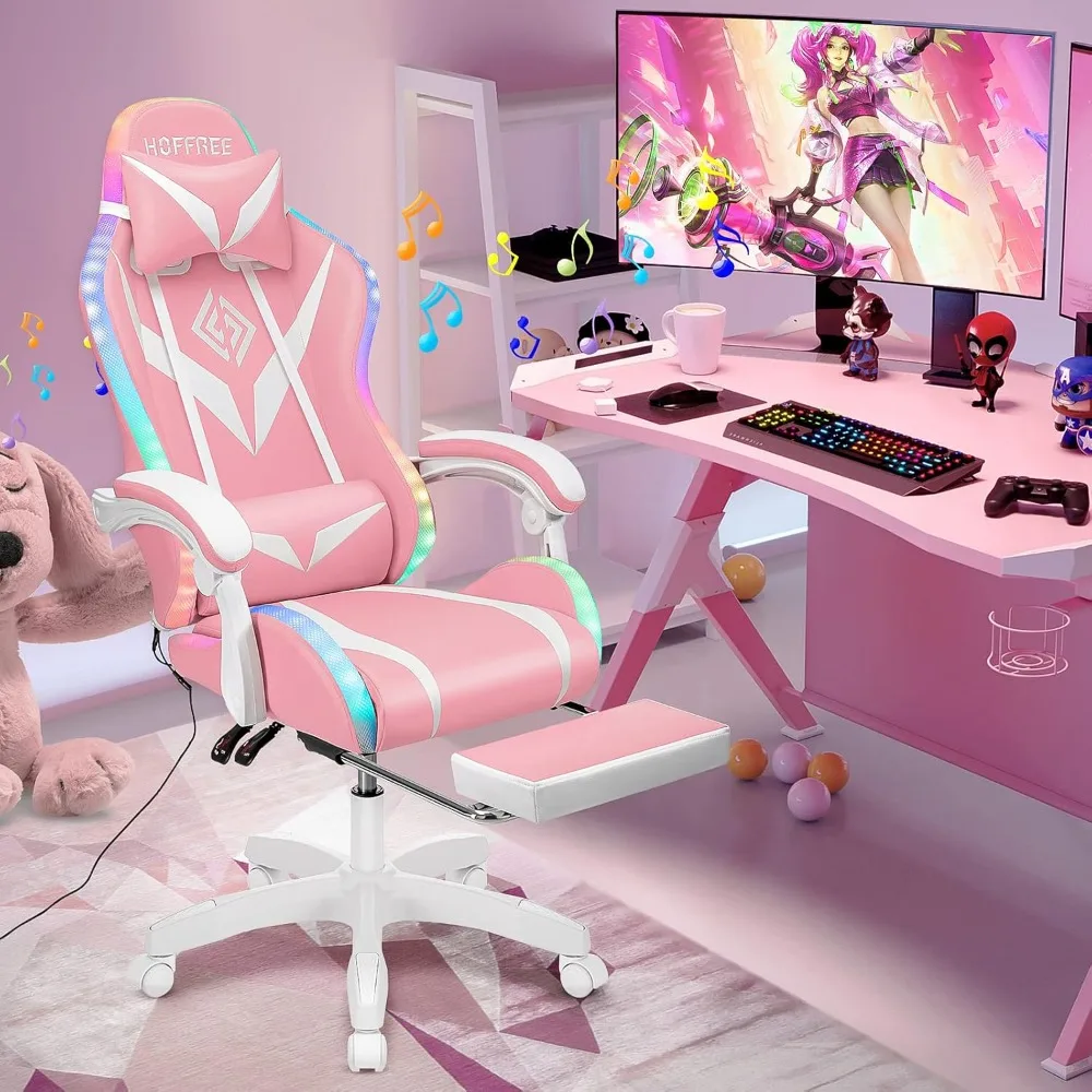 Gaming Chair Pink Massage with Bluetooth Speakers and RGB LED Lights Cute Ergonomic Computer Massage Gaming Chair with Footrest