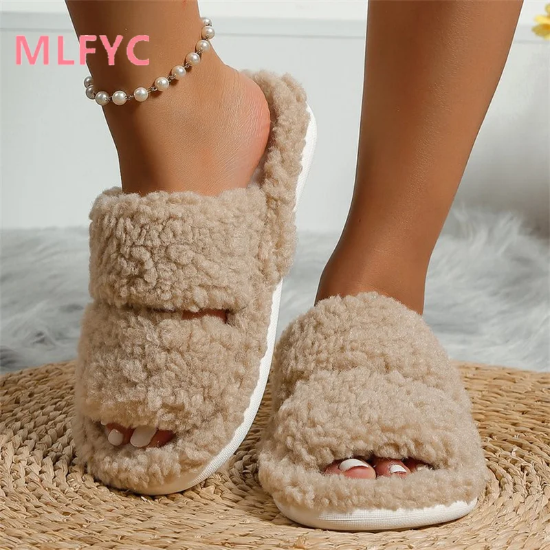 Wool slippers for women to wear outside in 2023, large size, autumn and winter, one line home, cotton slippers autumn and winter